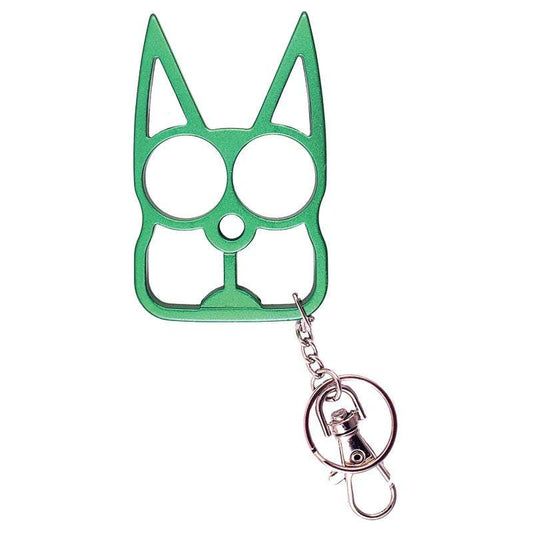 MagaRangerSolid Steel Cat Defense Keychain – Green Finish for Reliable and StyliThe eyes of the cat become finger holes and the ears become spikes when clutched in your hand to create an excellent means of surprise-defense against an attackerSolid Steel Cat Defense Keychain – Green Finish