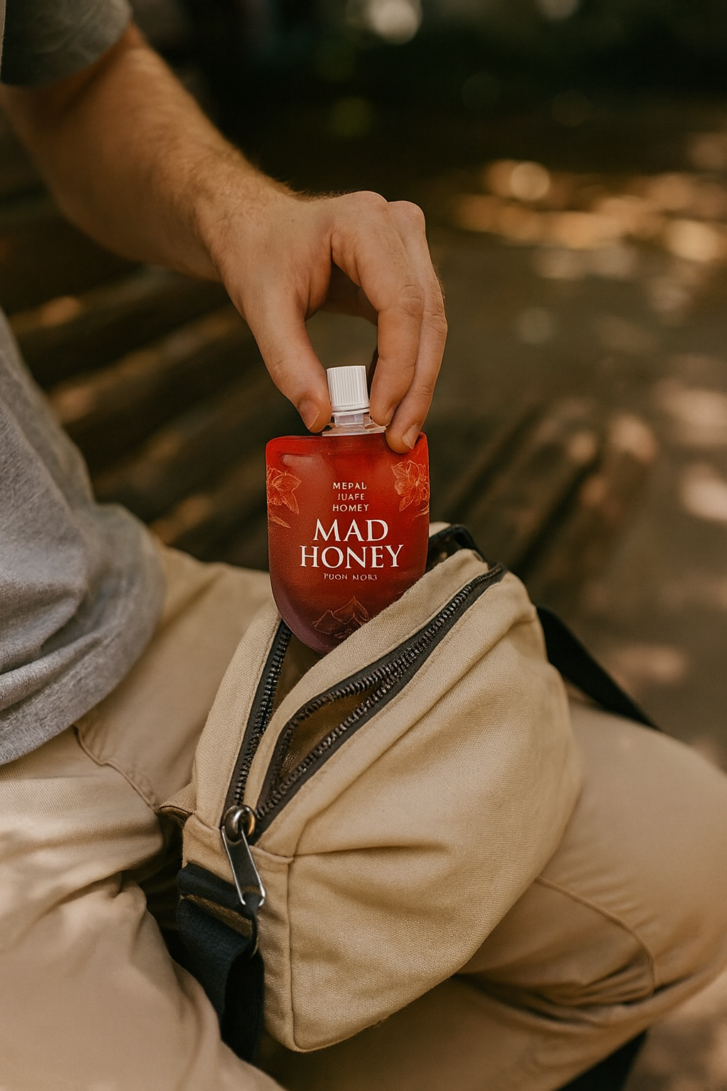 Person holding a red Mad Honey package with a blurred natural background