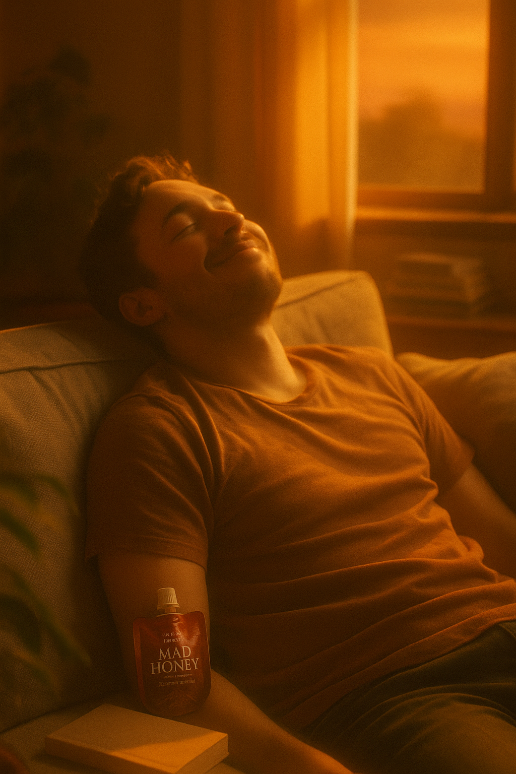 Man lying on a couch with a bottle of Mad Honey in a warm, dimly lit room.