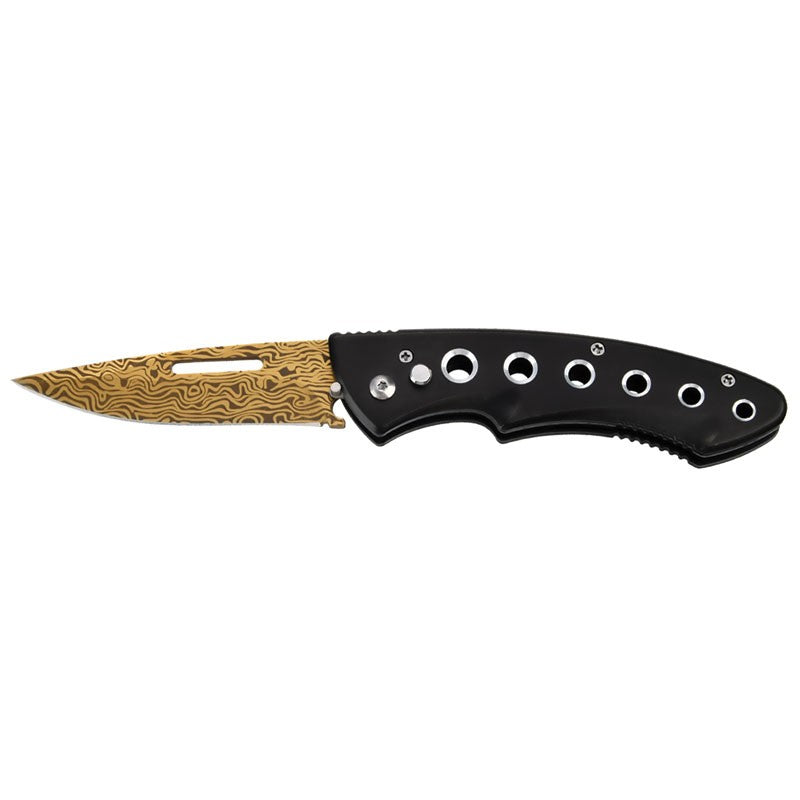 Gold Damascus Etch Automatic Knife – Black Handle for Elegance and Performance