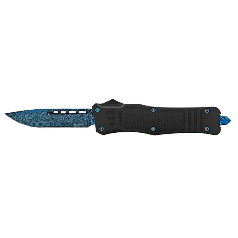 Blue Titanium Coated OTF Knife – Damascus Etched Blade with Matching Screws and Clip