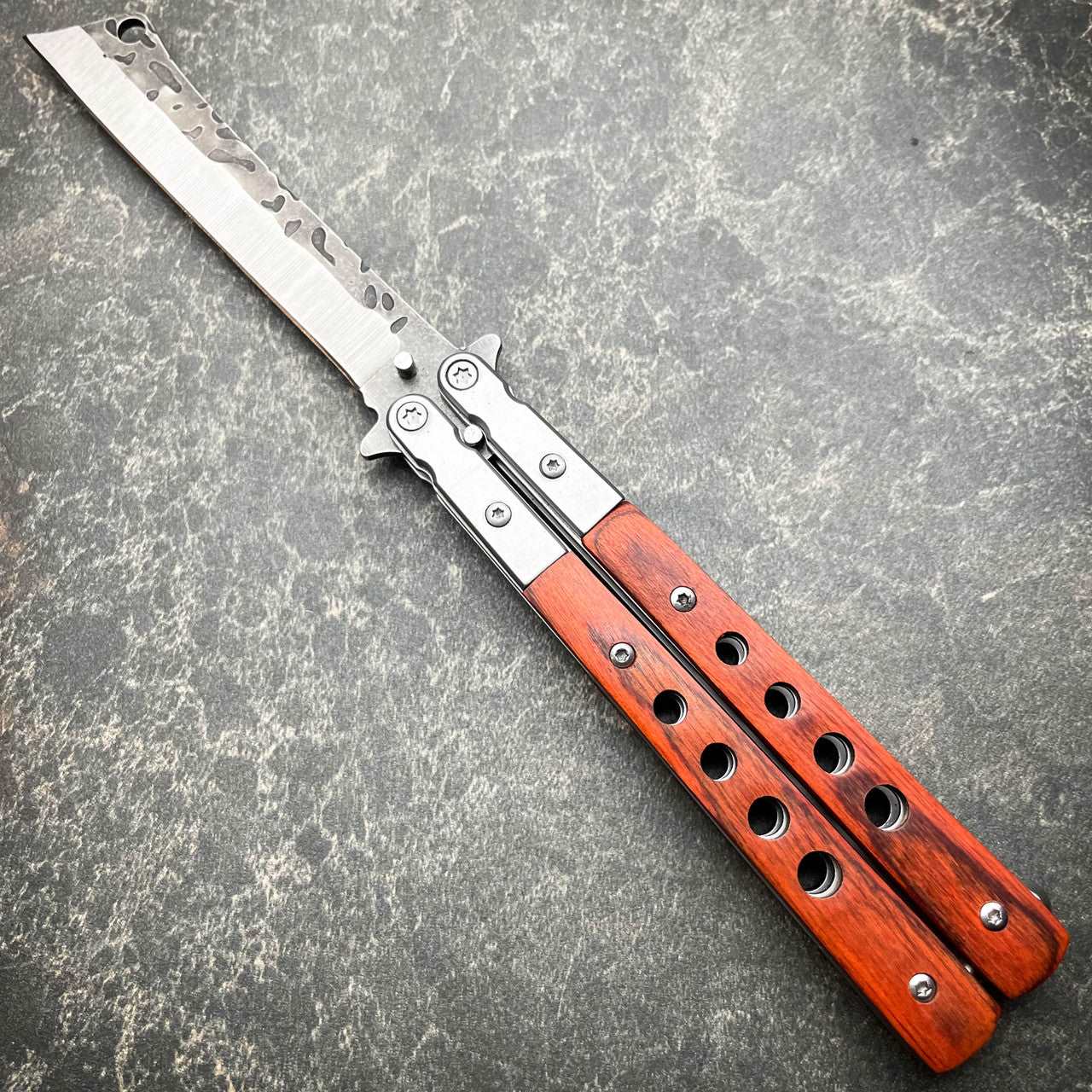 Clever Blade Butterfly Knife – Red Wood Handle with Stylish Design and Smooth Precision